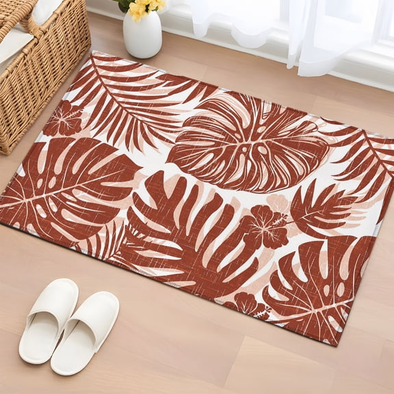 Copper Palm Leaves 2'x3' Rug for Entryway Front Door Kitchen Sink Area, Tropical Botanical Minimalist Modern Low Pile Washable Non Slip Rectangle Area Rug