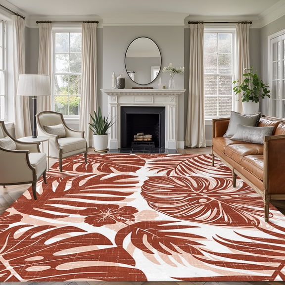 Copper Palm Leaves 8'x10' Large Area Rug for Living Room Sectional Sofa, Tropical Botanical Minimalist Modern Washable Non Slip Low Pile Rectangle Area Rug