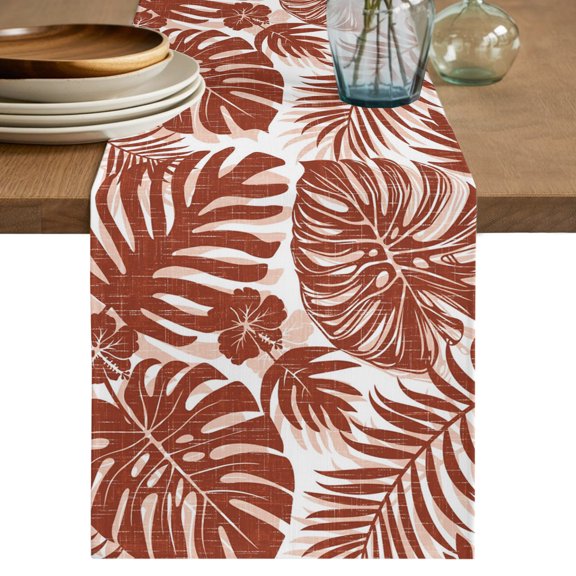 Copper Palm Leaves Table Runner, Tropical Botanical Minimalist Modern Cotton Linen Table Cloth, Tablerunner for Kitchen Dining Party Wedding Home Decor 13x36 Inch