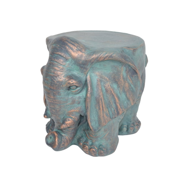 Copper Patina Elephant Garden Stool, Weathered Outdoor Accent Table, 12.5"