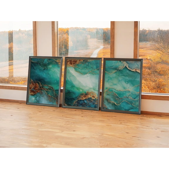 Copper Patina Prints Set Of 3, Modern Teal Rust Home Office Wall Art