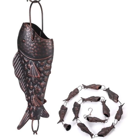 Copper Patina Rain Chain with Rainbow Trout for Heavy Rain, Functional and Decorative Replacement Downspout Chain for Outside, Rain Catcher Chain for Gutters, 8.5FT