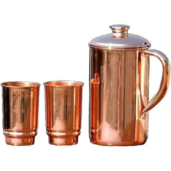 Copper Pitcher with Lid & 2 Tumbler Glasses - 1500ml/50 Oz Pure Copper Handmade Jug | Smooth Finish, Boost Hydration, Support Sugar Intake Control & Health Benefits