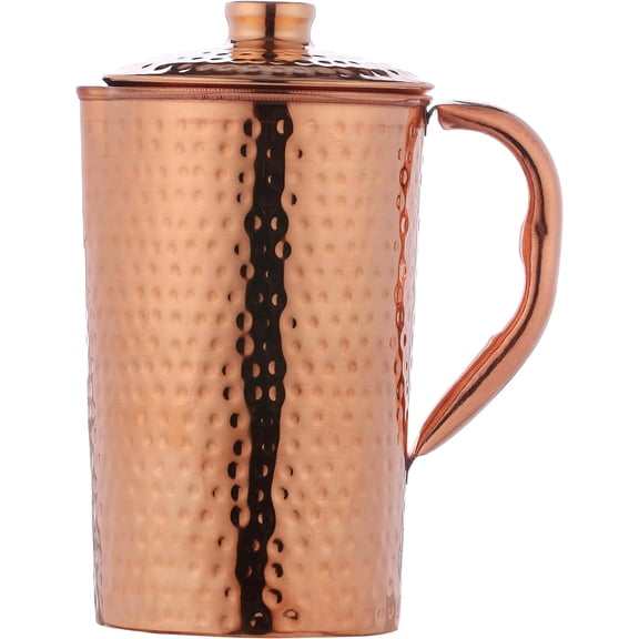 Copper Pitcher with Lid 100% Pure Copper Hammered Water Pitcher 50.7 oz (1.5 Liter) for Drinking Water, Traditional Copper Pitcher for Home & Kitchen