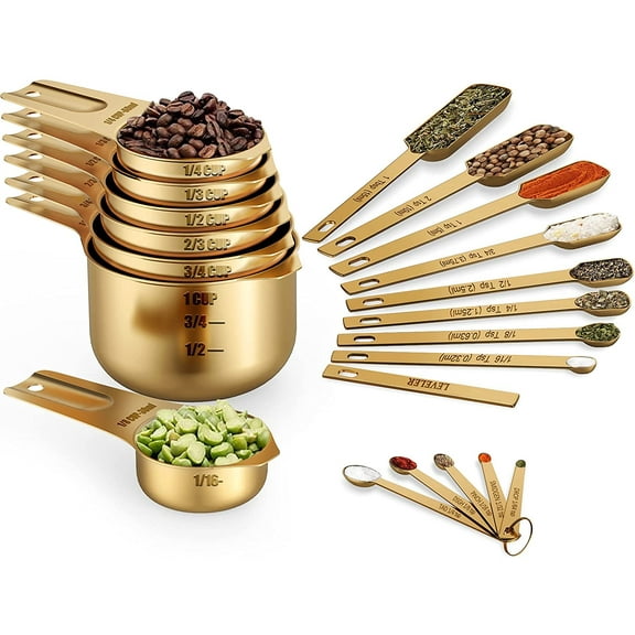 Copper Plated Measuring Cups & Spoons Set of 21 - Includes 7 Stainless Steel Nesting Measuring Cups, 8 Measuring Spoons, 1 Leveler & 5 Mini Measuring Spoons, Ideal for Dry & Liquid Ingredients