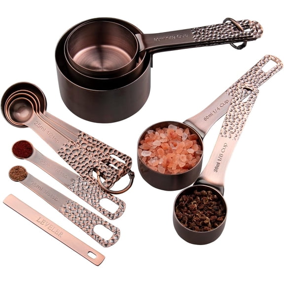 Copper Plated Measuring Cups and Spoons set, Stainless Steel Measuring Cups and Spoons Set for Baking & Kitchen, Cute Metal Metric & Measure Cup and Spoon with Leveler & 1/8 Cup