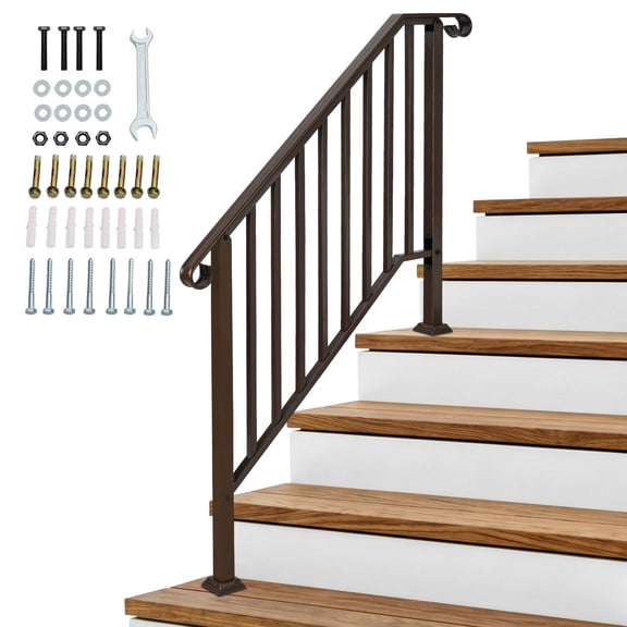 Copper Powder Coated Galvanized Iron Stair Handrail Curved Step Railing Fit 3-4 Steps Outdoor Garden Safety Picket Rail With Full Installation Hardware