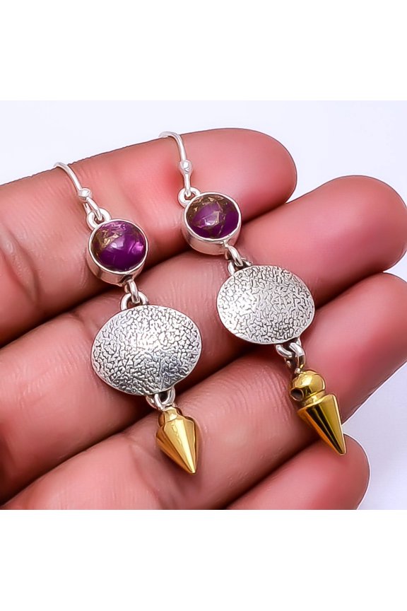 Copper Purple Turquoise 925 Sterling Silver Two Tone Arrow Head Earring 2.34"E20, Beautiful Jewelry For Woman, New Year Sale, Valentin's Day Gift