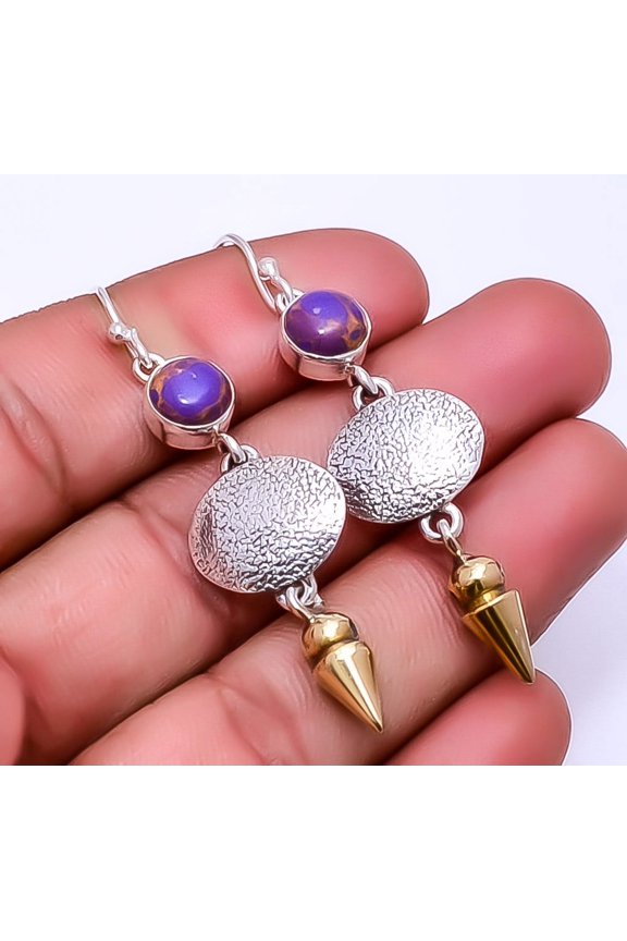 Copper Purple Turquoise 925 Sterling Silver Two Tone Arrow Head Earring 2.34"E38, Beautiful Jewelry For Woman, New Year Sale, Valentin's Day Gift
