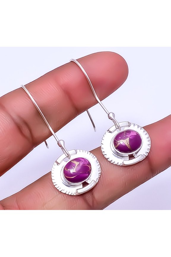 Copper Purple Turquoise 925 Sterling Silver Earring 1.72" E40, Christmas Gift, Handmade Jewelry, Dangle Earring