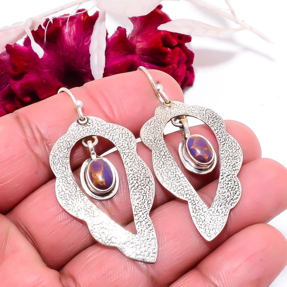 Copper Purple Turquoise 925 Sterling Silver Handmade Earring 2.07" E83356, Christmas Gift