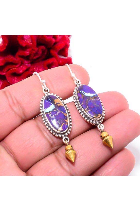 Copper Purple Turquoise 925 Sterling Silver Two Tone Arrow Head Earring 2.11 S42, Handmade Jewelry, Dangle Earring