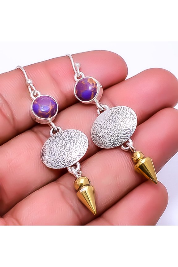 Copper Purple Turquoise 925 Sterling Silver Two Tone Arrow Head Earring 2.34"E19, Handmade Jewelry, Dangle Earring
