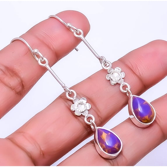 Copper Purple Turquoise Designer Handmade 925 Sterling Silver Earring 2.34" E3, Gemstone Silver Jewelry, New Year Sale, Valentin's Day Gift