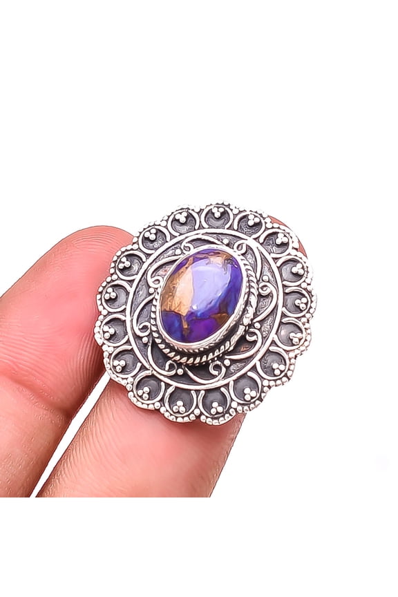 Copper Purple Turquoise Handmade Oxidised 925 Sterling Silver Ring S.9 R44
