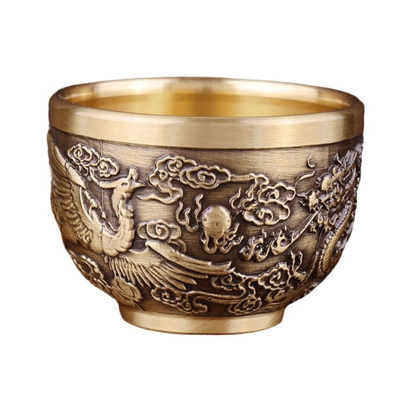 Copper Relief Dragon and Phoenix Cup for Tea, Alcohol or Water Drinking with Exquisite Carving and Unique Design