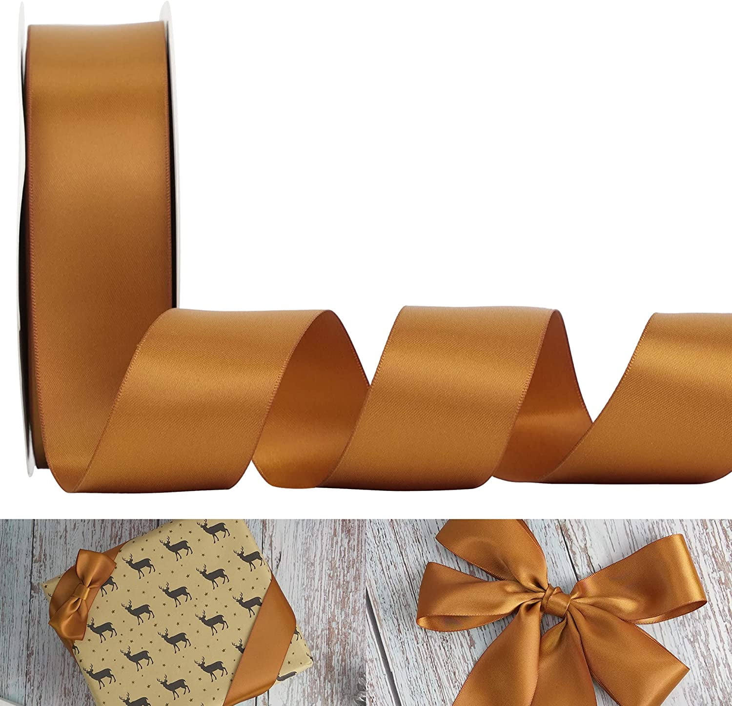 Copper Ribbon Satin 1-1/2" Wide Double Face Polyester Satin Ribbons for Crafts, Thick Silk Ribbon for Gift Wrapping Hair Bows Floral Bouquet Cake Box Christmas Decor Party Favor - 50 Yards