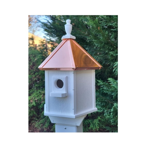 Copper Roof Amish Birdhouse Handmade in USA, 2 Nesting Spaces with Perches, Attracts Bluebirds Swallows, Garden Wildlife Habitat, White Brown