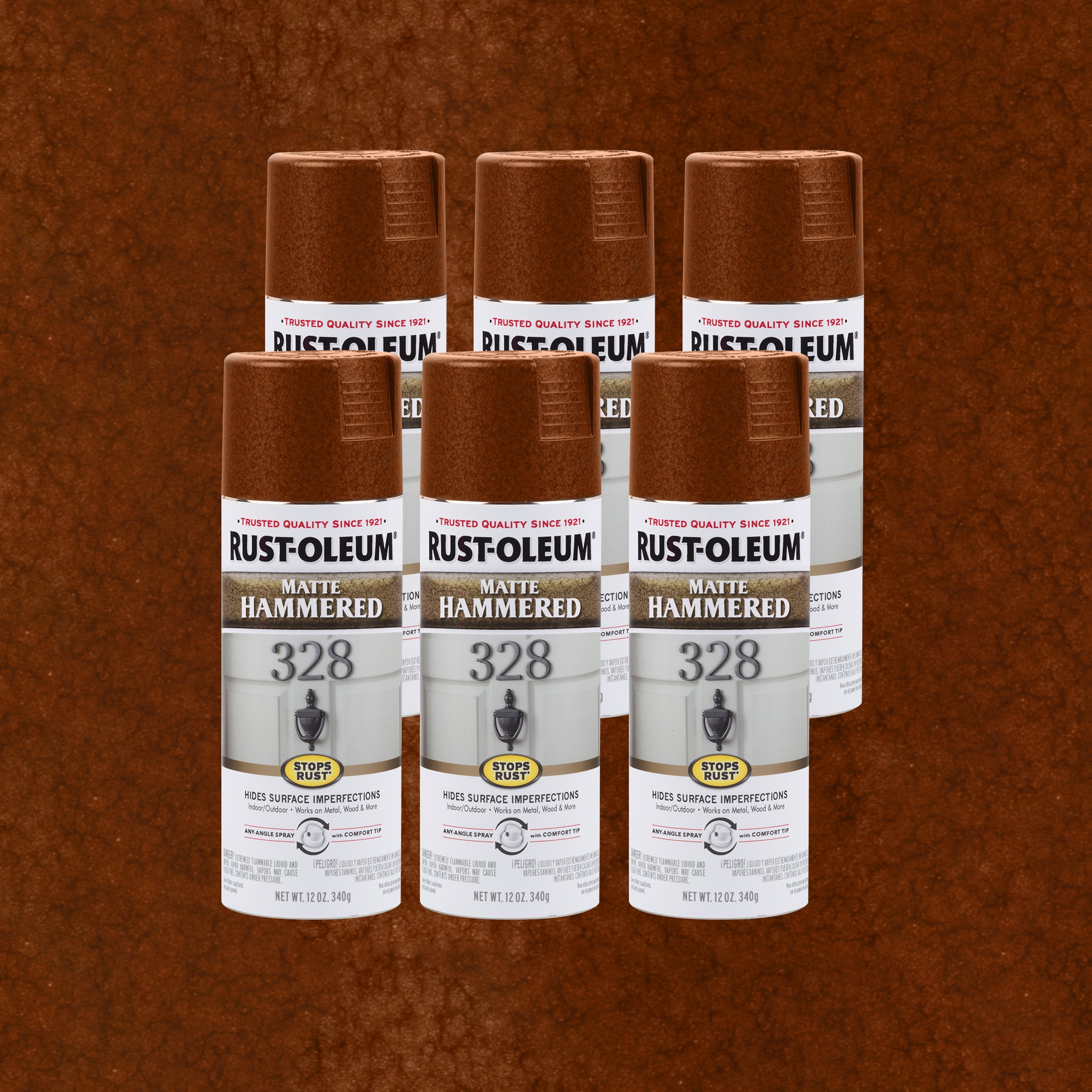 6 Pack, Copper, Rust-Oleum Stops Rust Matte Hammered Protective Enamel Spray Paint-345377, 12 oz