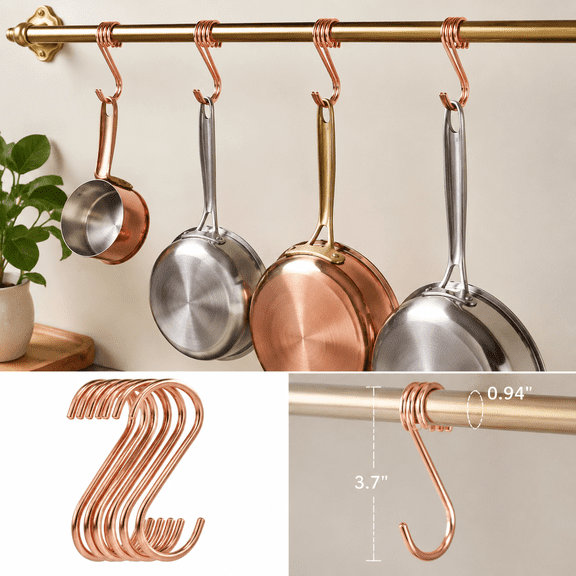 Copper S Hook Rose Gold Brass S Hooks for Hanging Pot Rack Pan 3.7In Heavy Duty Kitchen Garden Shower Purpose Storage Hooks Hangers(for 0.94" Rod)