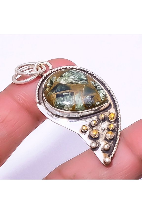 Copper Seraphinite 925 Sterling Silver Bali Pendant 2.03" P1453-40, Seraphinite Pendant, Christmas Gift, New Year Sale, Gemstone Silver Jewelry