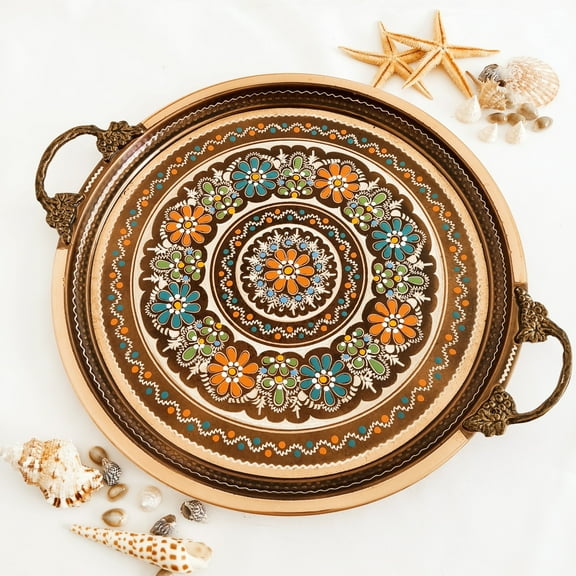 Copper Serving Tray, Handmade, Round Tray, Large Tray, Vintage Tray, Decorative Tray, Copper Tray With Colourful Flowers