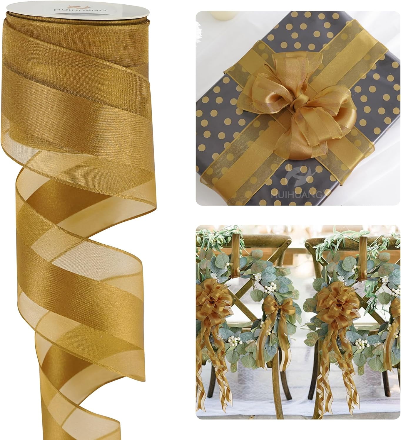 Copper Sheer Wired Ribbon with Satin Stripe 2.5 inch Copper Christmas Ribbon for Trees, Bows Making, Wreaths, Garland, Gift Wrapping, Wedding Decor, Thanksgiving Decor-Continous 10 Yards
