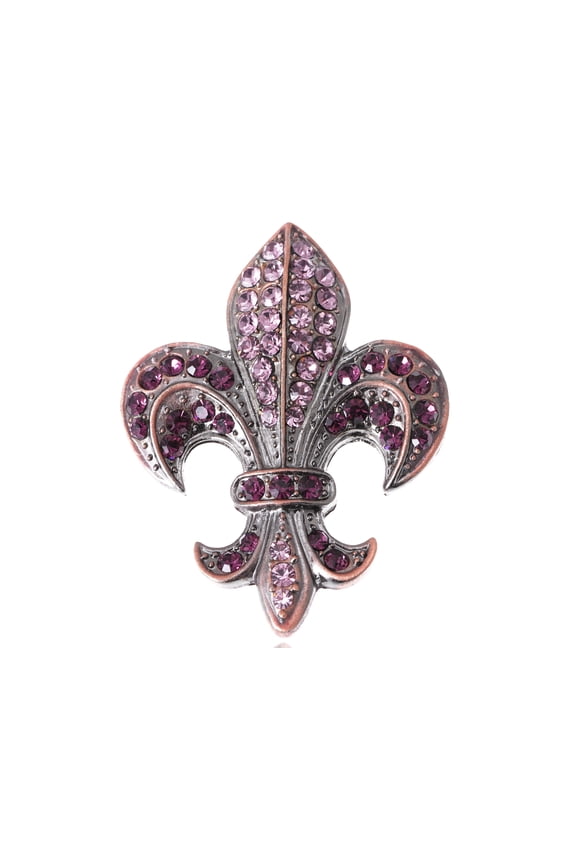 Copper Silvery Tone Purple Rhinestones French Fleur De Lis Lily Brooch Pin