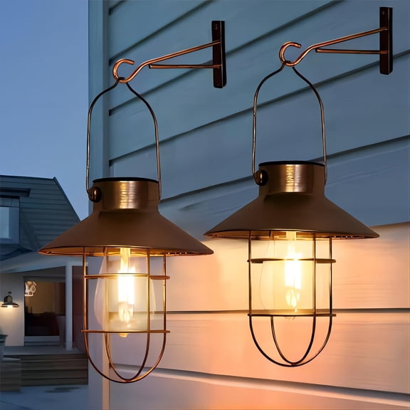 Copper Solar Powered Hanging Lanterns Warm White LED 2 Pack