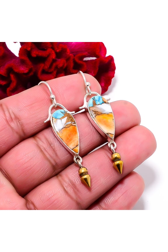 Copper Spiny Oyster Arizona Turquoise 925 Sterling Silver Two Tone Arrow Head Earring 2.03" E9495, Christmas Gift