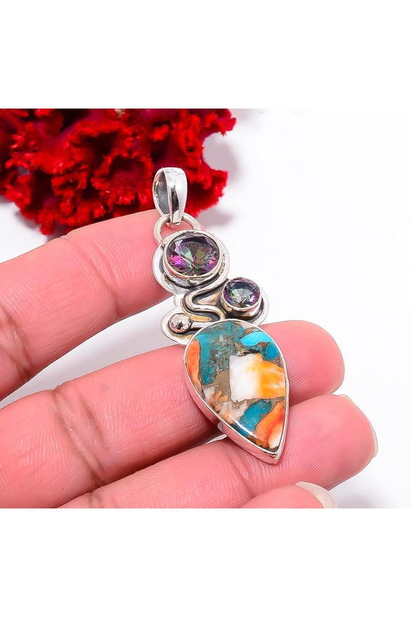 Copper Spiny Oyster Arizona Turquoise & Rainbow Mystic Fire Topaz Designer Handmade 925 Sterling Silver Pendant 2.26" P94343, Christmas Gift