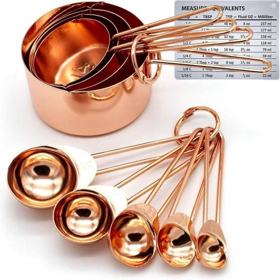 Copper Stainless Steel Measuring Cups and Spoons Set of 8 Engraved Measurements, Pouring Spouts & Mirror Polished for Baking and Cooking Include Magnetic Measurement Conversion Chart by