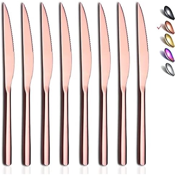 Copper Steak Knives, 8 Piece Premium Stainless Steel Steak Knife Set, Meat Knife Sets, German Steak Knives Serrated, Tomato Knife, For Home, Kitchen or Restaurant, Dishwasher Safe (9.2 Inch)