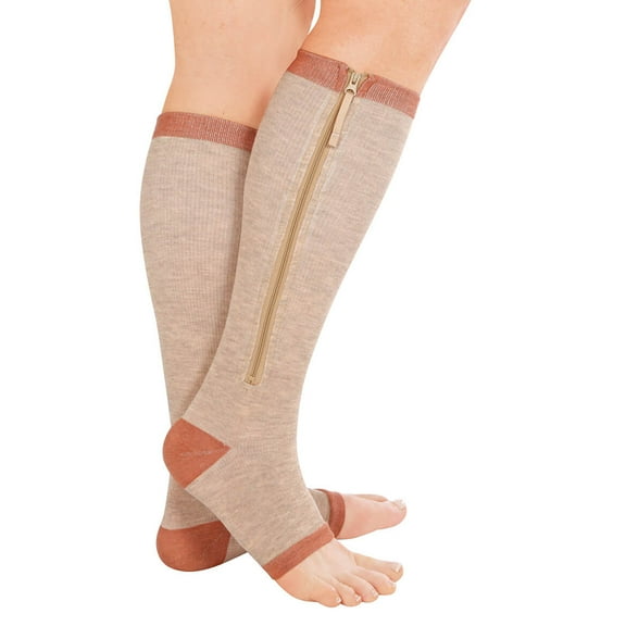 Copper Support Zip Socks, Open Toe Compression Stockings, Large/XL, 1 Pair