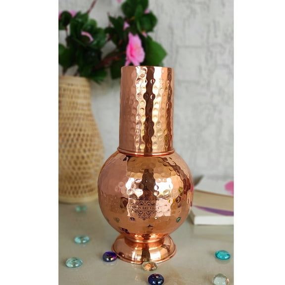 Copper Surai Design Bedroom Bottle, 700 ML, Hand Made Copper Bottle, Drinkware, Brown