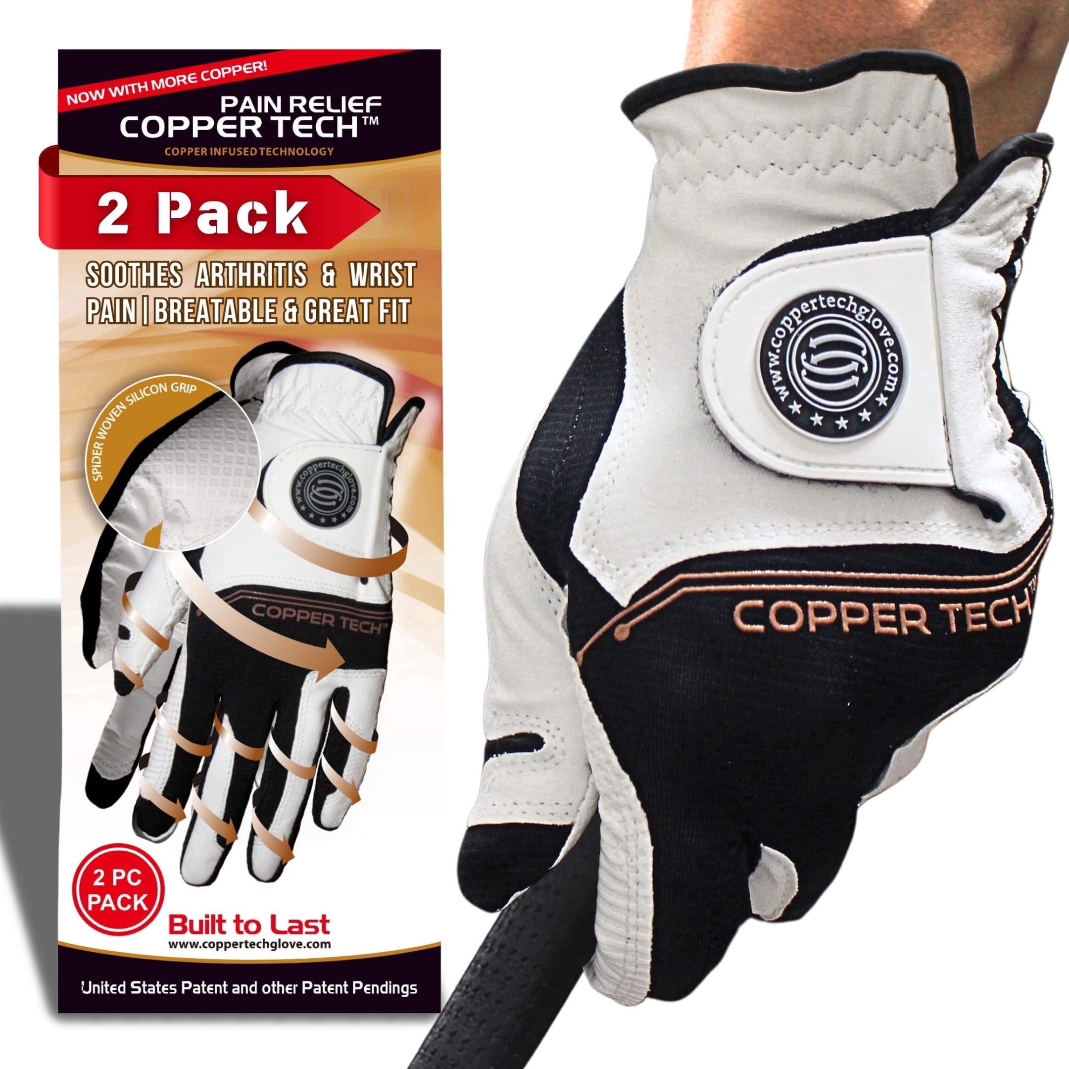 Copper Tech Golf Gloves Men (2 Pack)| Copper Compression Joint Support | Flexible & Comfortable Fit with AAA Leather (White/Black, Small, Left)