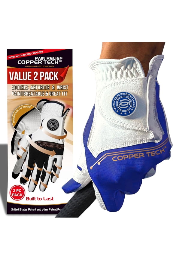 Golf Gloves Men (2 Pack)| Copper Compression Joint Support | Flexible & Comfortable Fit with AAA Leather (White/Royal Blue, Medium-Large, Left)