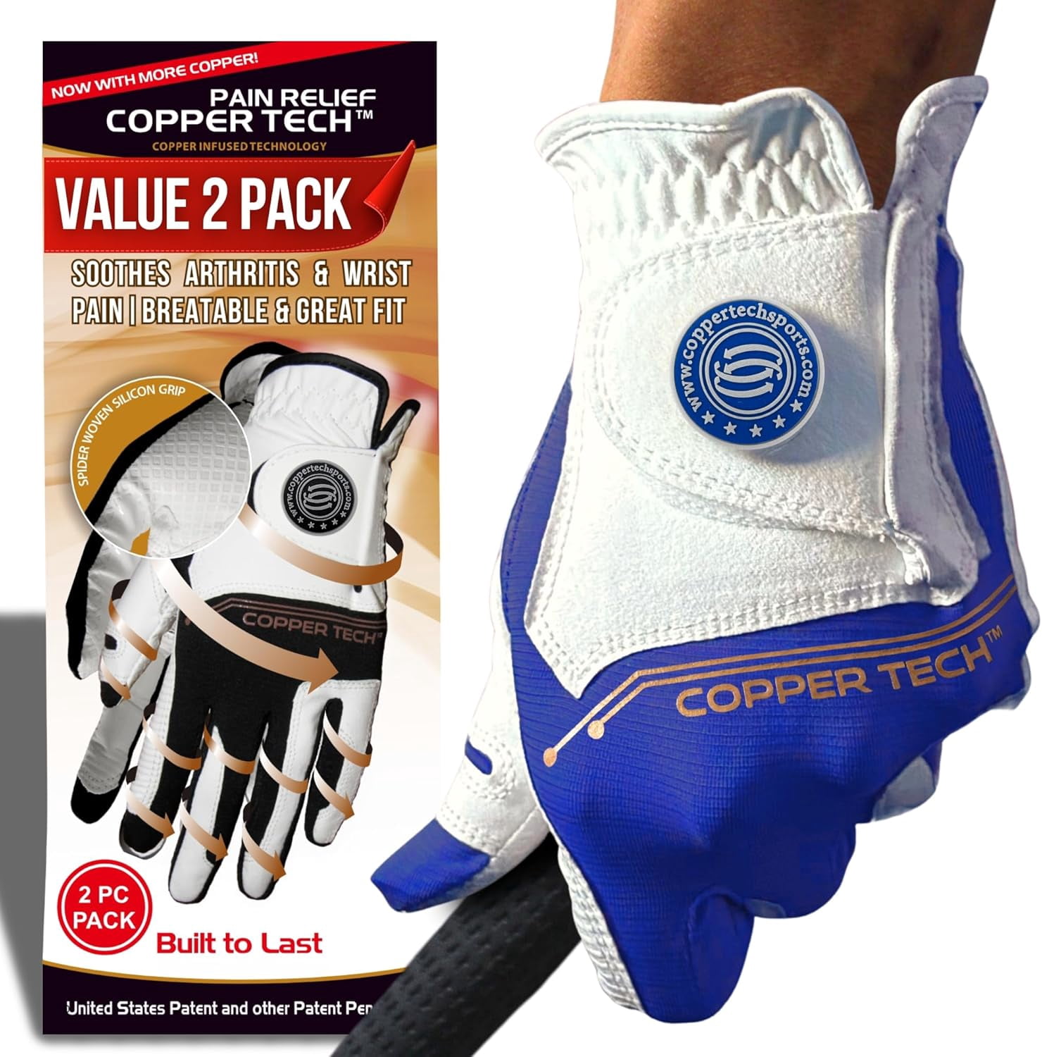 Copper Tech Golf Gloves Men (2 Pack)| Copper Compression Joint Support | Flexible & Comfortable Fit with AAA Leather (White/Royal Blue, X-Large, Left)