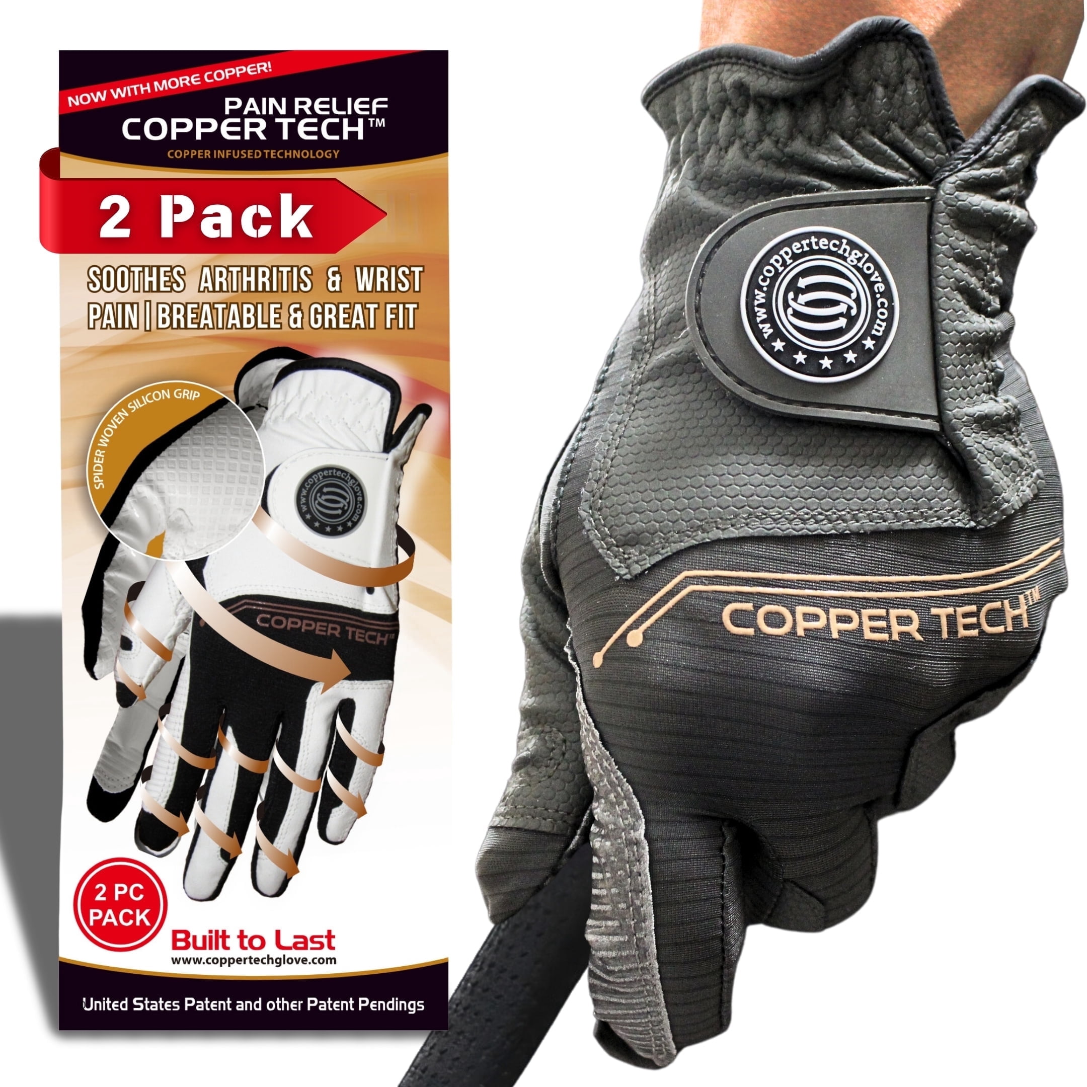 Copper Tech Golf Gloves Men (2 Pack)| Copper Compression Joint Support | Flexible & Comfortable Fit with AAA Leather (Charcoal Gray, Small, Left)