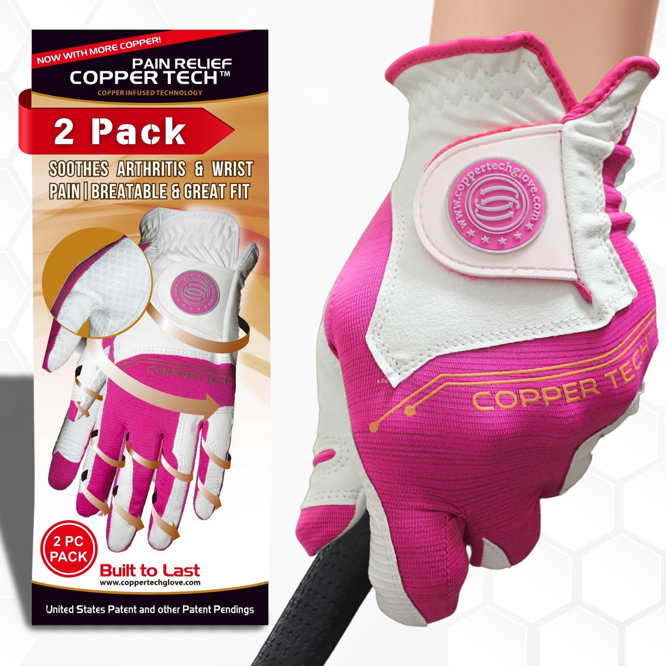 Copper Tech Ladies Golf Gloves Women (2 Pack) | Copper Compression Joint Support with Flexible & Comfortable Fit (White/Fuchsia, Small, Right)