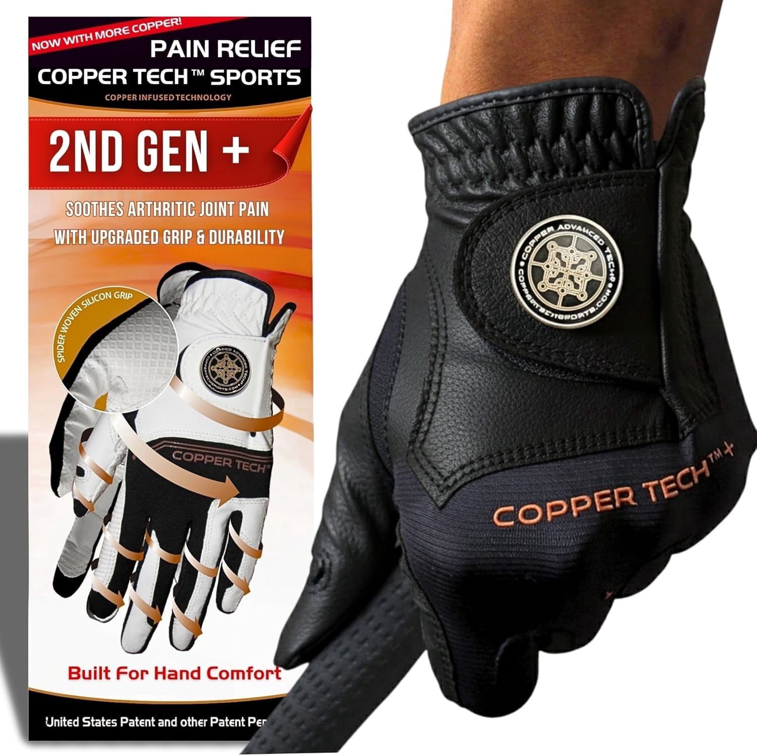 Copper Tech Plus Golf Gloves Men (2nd Gen) | Copper Compression Joint Support Golf Glove (Black/Black, X-Large, Right)