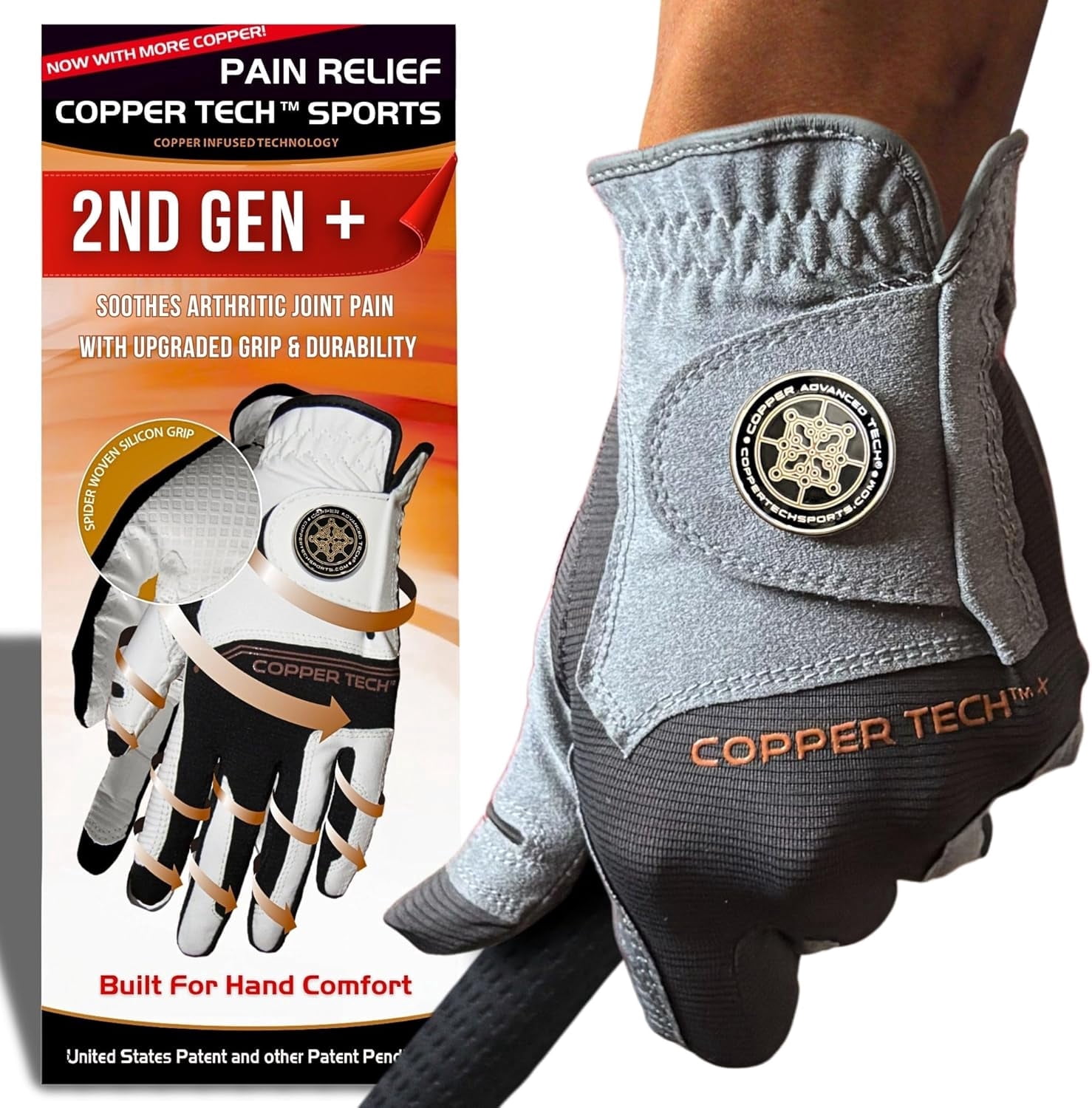 Copper Tech Plus Golf Gloves Men (2nd Gen) | Copper Compression Joint Support Golf Glove (Charcoal/Grey, Small, Left)