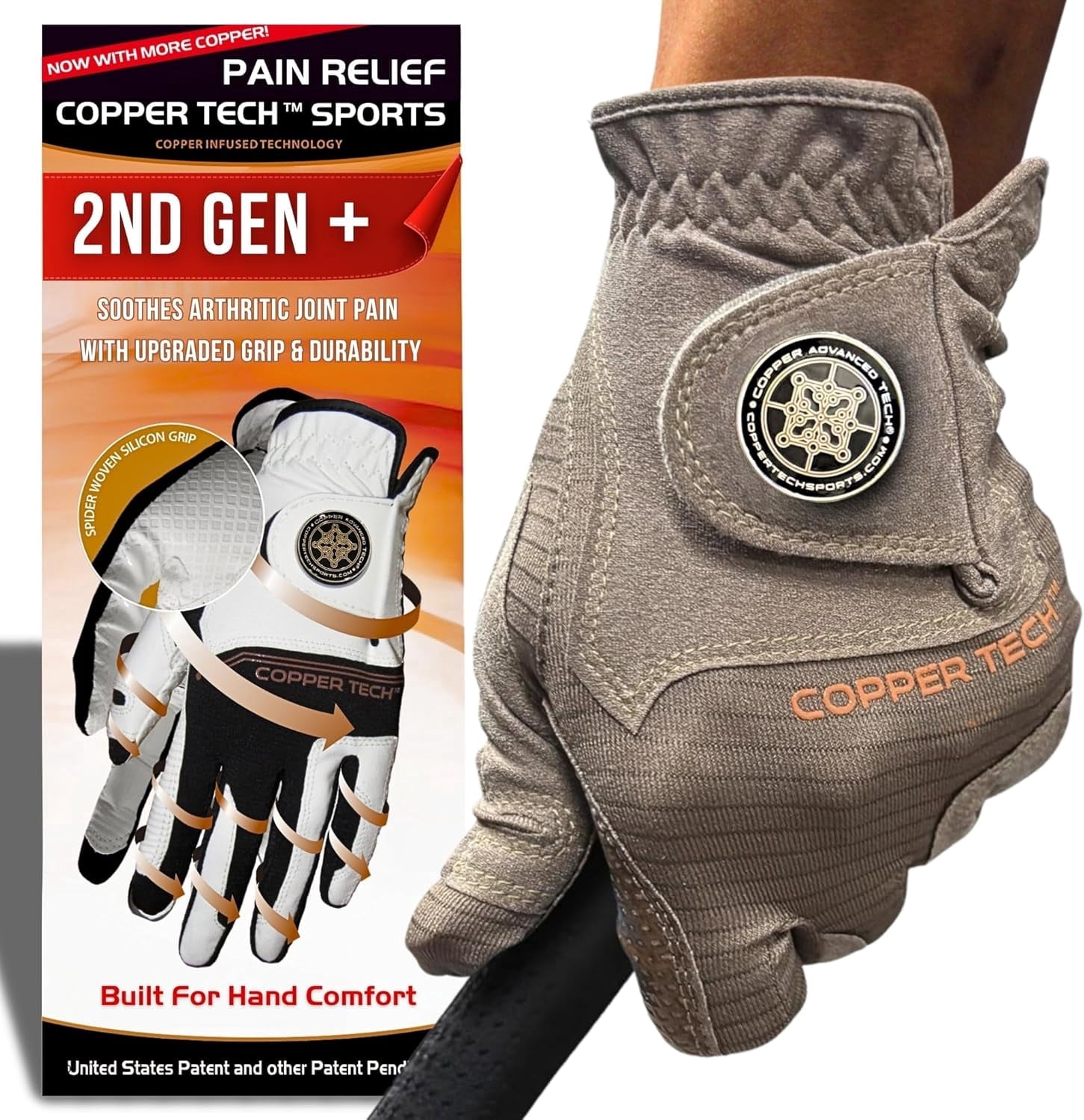 Copper Tech Plus Golf Gloves Men (2nd Gen) | Copper Compression Joint Support Golf Glove (Choco Brown, X-Large, Left)
