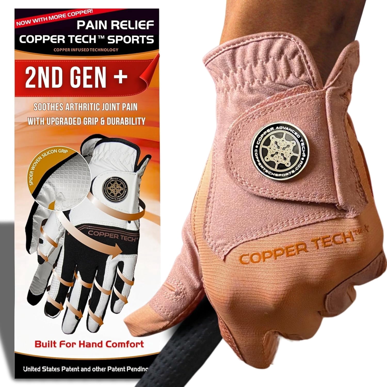 Copper Tech Plus Golf Gloves Men (2nd Gen) | Copper Compression Joint Support Golf Glove (Copper/Brown, XX-Large, Right)