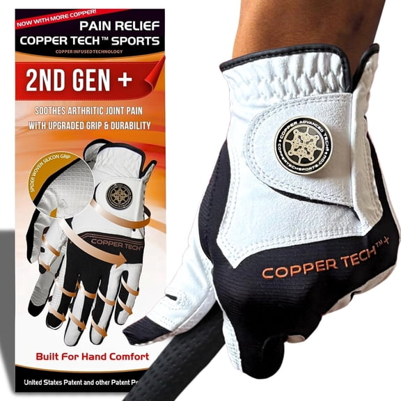 Copper Tech Plus Golf Gloves Men (2nd Gen) | Copper Compression Joint Support Golf Glove (White/Black, X-Large, Left)