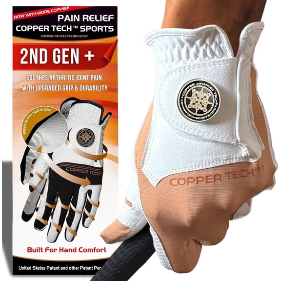 Copper Tech Plus Golf Gloves Men (2nd Gen) | Copper Compression Joint Support Golf Glove (White/Copper Brown, X-Large, Left)