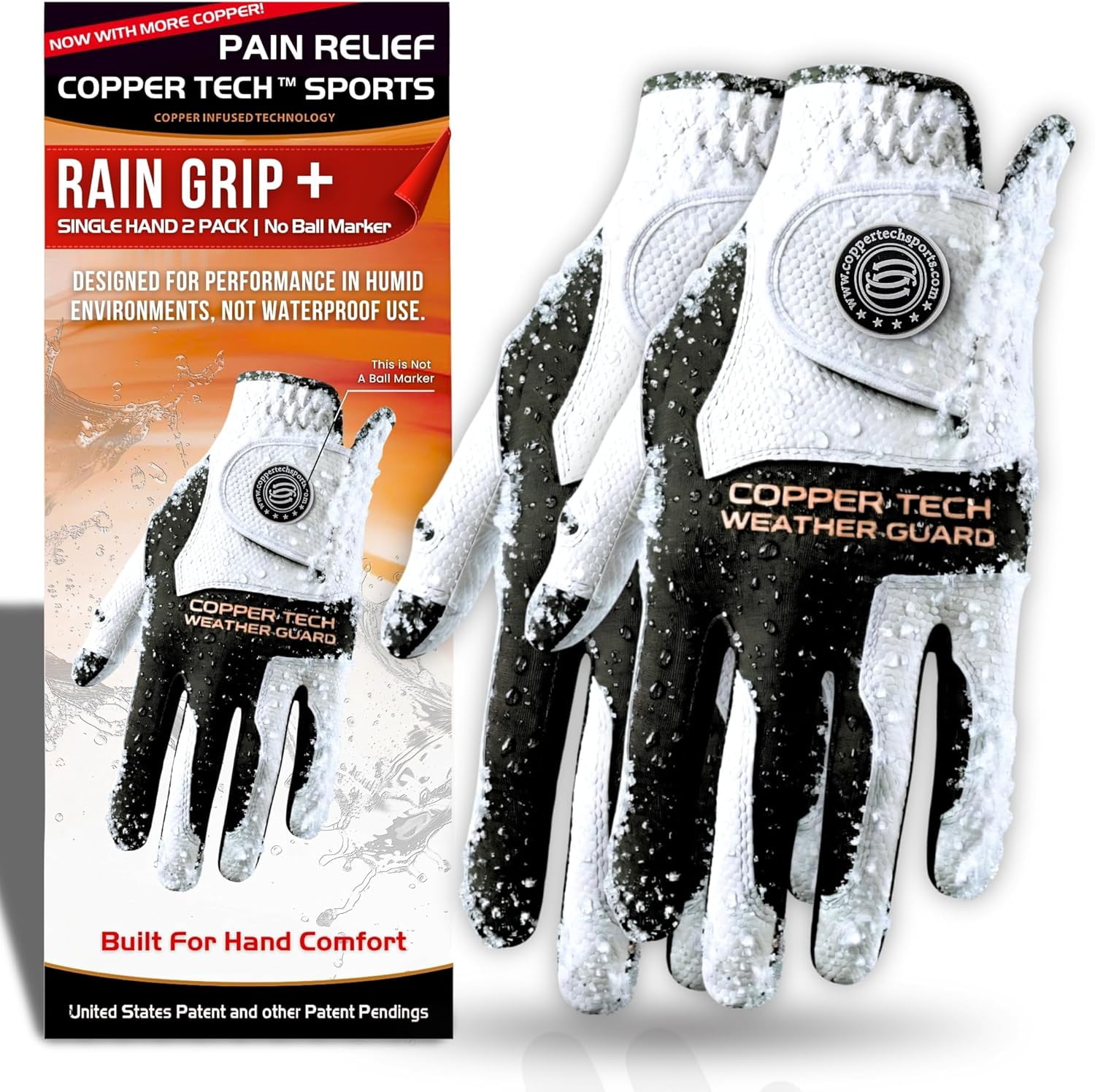 Copper Tech Plus Rain Golf Gloves Men (2 Pack) | Water-Enhanced Golf Rain Gloves for Men | Joint Support Ergonomic Copper Compression (White/Black-2 Pack, X-Large, Left)