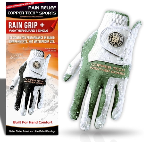 Copper Tech Plus Rain Golf Gloves Men | Water-Enhanced Golf Rain Gloves for Men | Joint Support Ergonomic Copper Compression (White/Hunter Green, Small, Left)