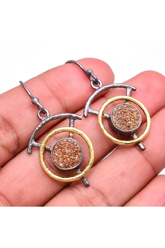 Copper Titanium Agate Drusy 925 Sterling Silver Black & Gold Plated Earring 1.64" E34, Beautiful Jewelry For Woman &, New Year Sale, Valentin's Day Gi