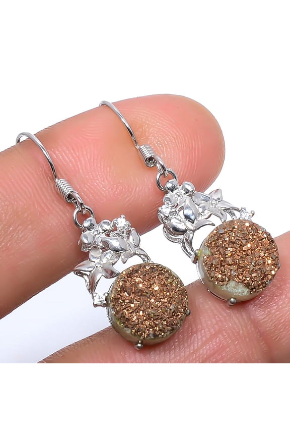 Copper Titanium Drusy & Cubic Zirconia 925 Sterling Silver Earring 1.37" M1551, Handmade Jewelry, Dangle Earring
